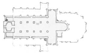 Figuur b: Driebeukige, voornamelijk ui baksteen opgetrokken gotische hallenkerk
